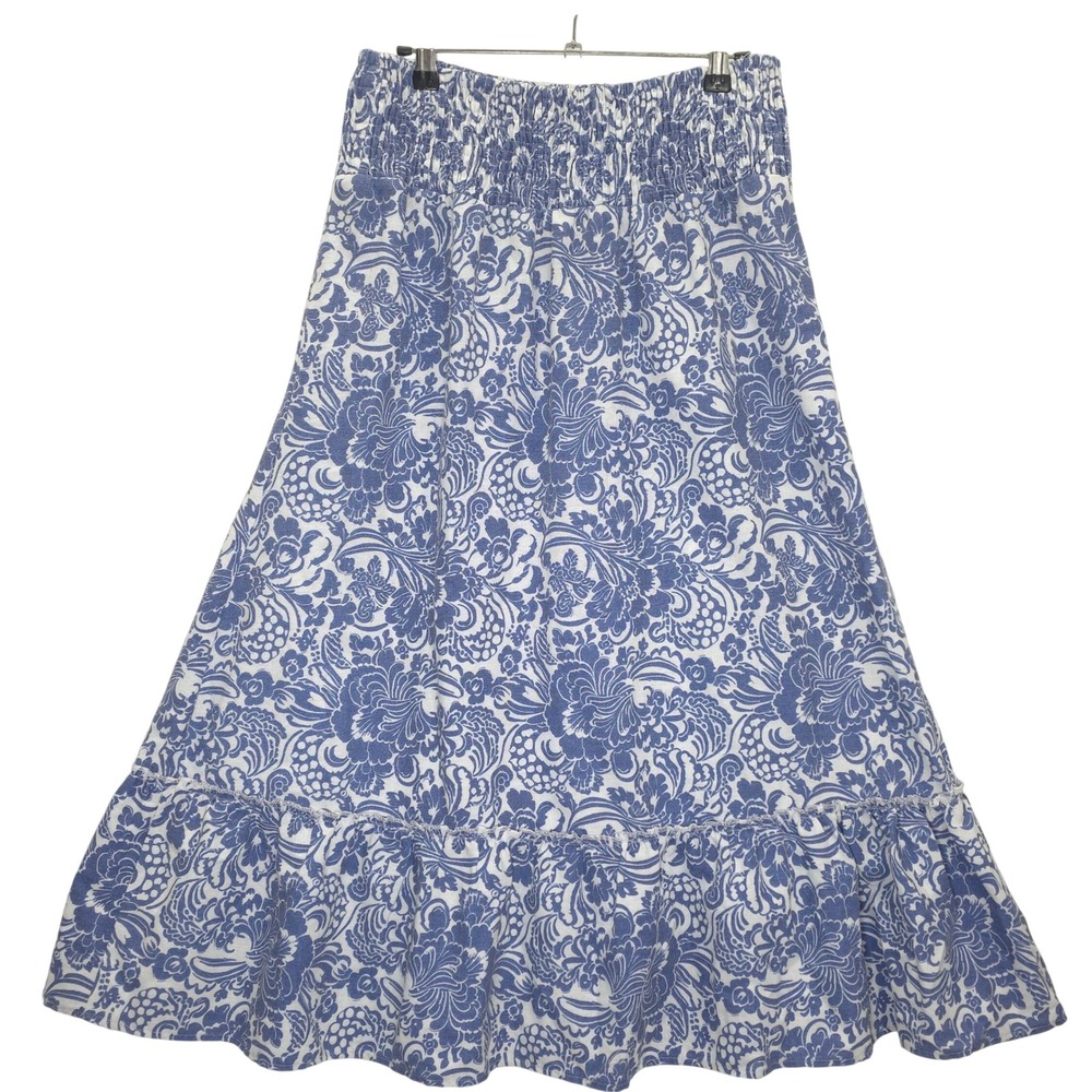 Metrowear Maxi Skirt Floral Smocked Ruffle Linen Blend Blue White Women L Boho